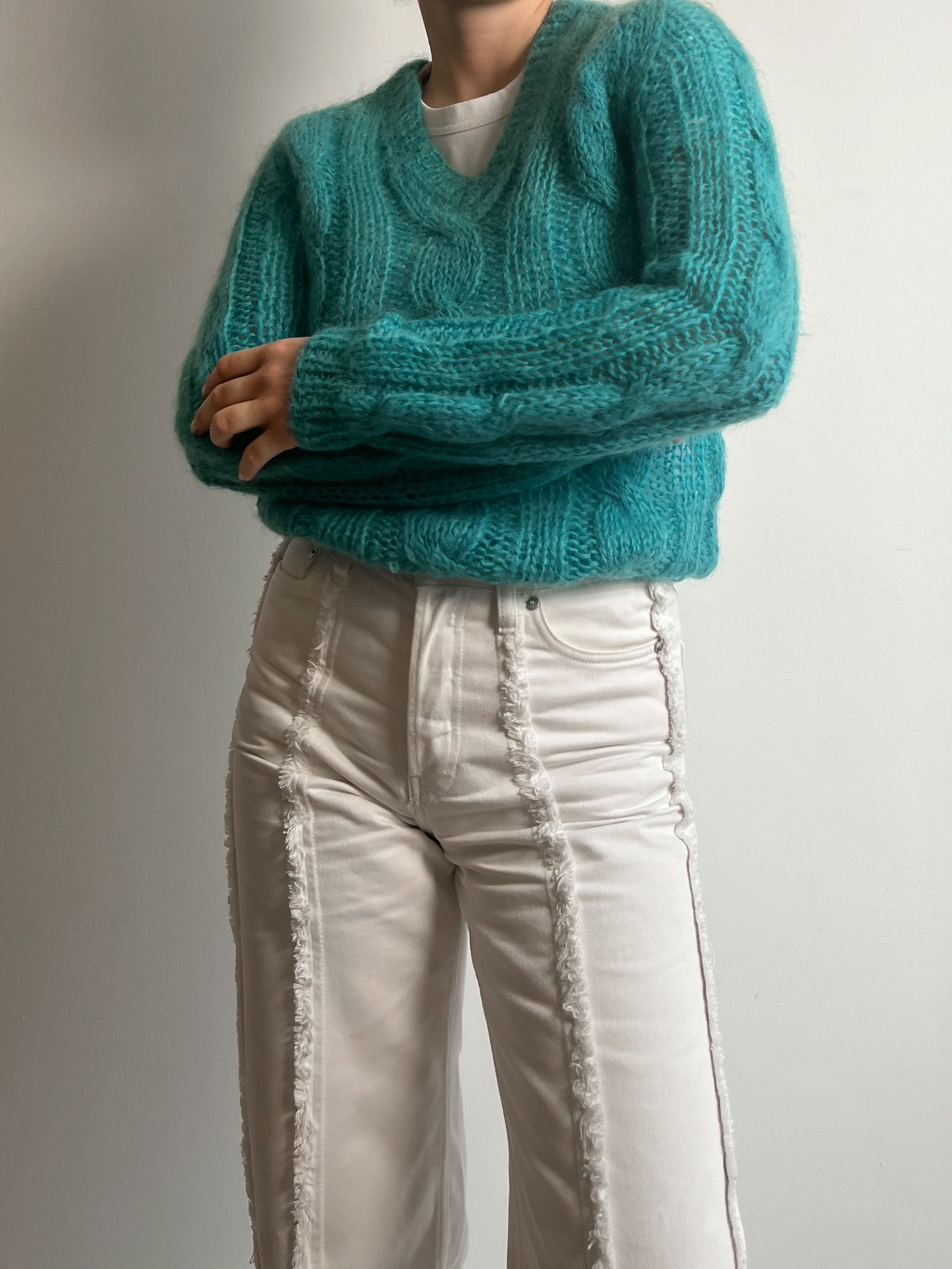 Mohair and wool embroidered turquoise pull