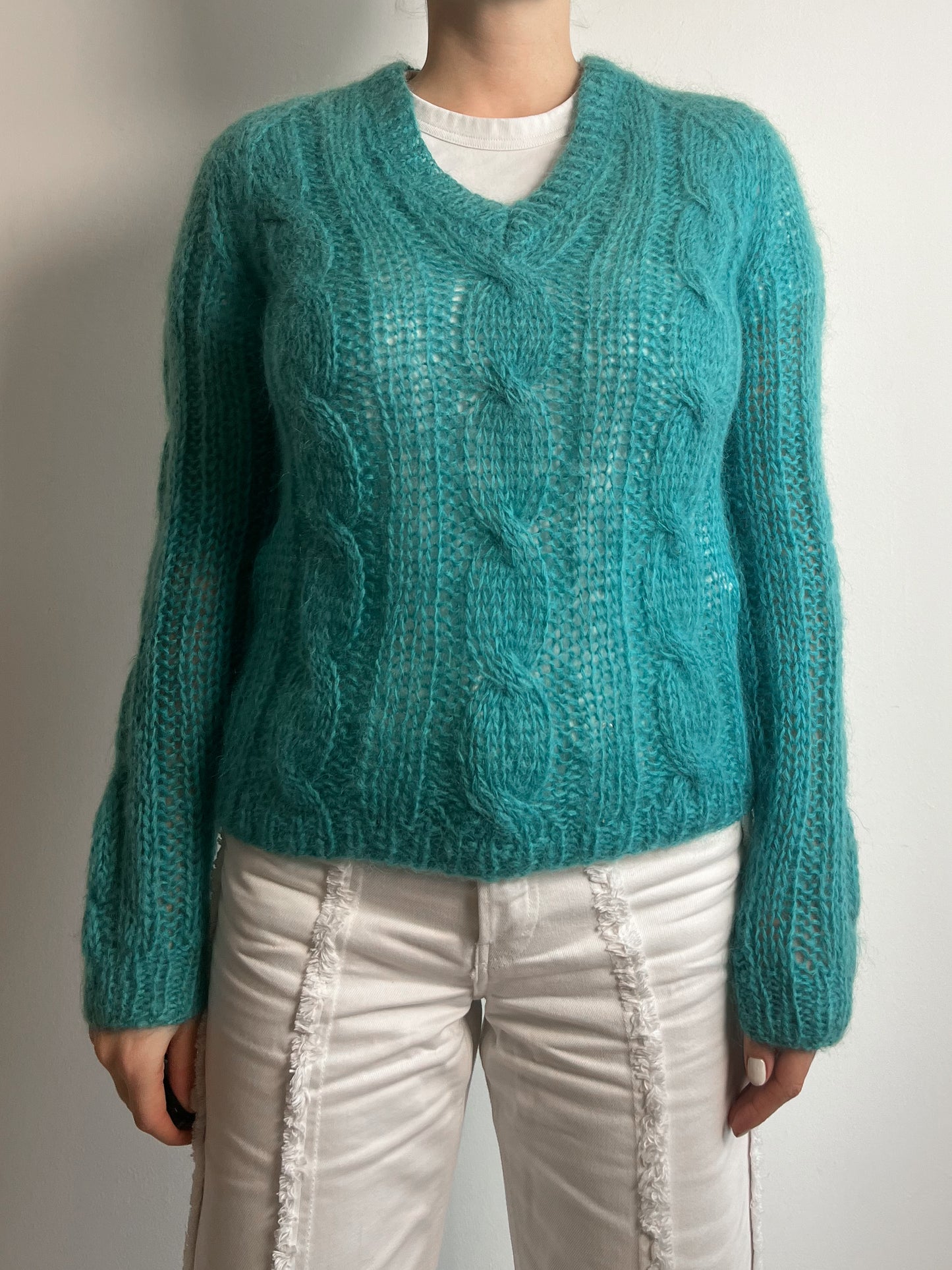 Mohair and wool embroidered turquoise pull