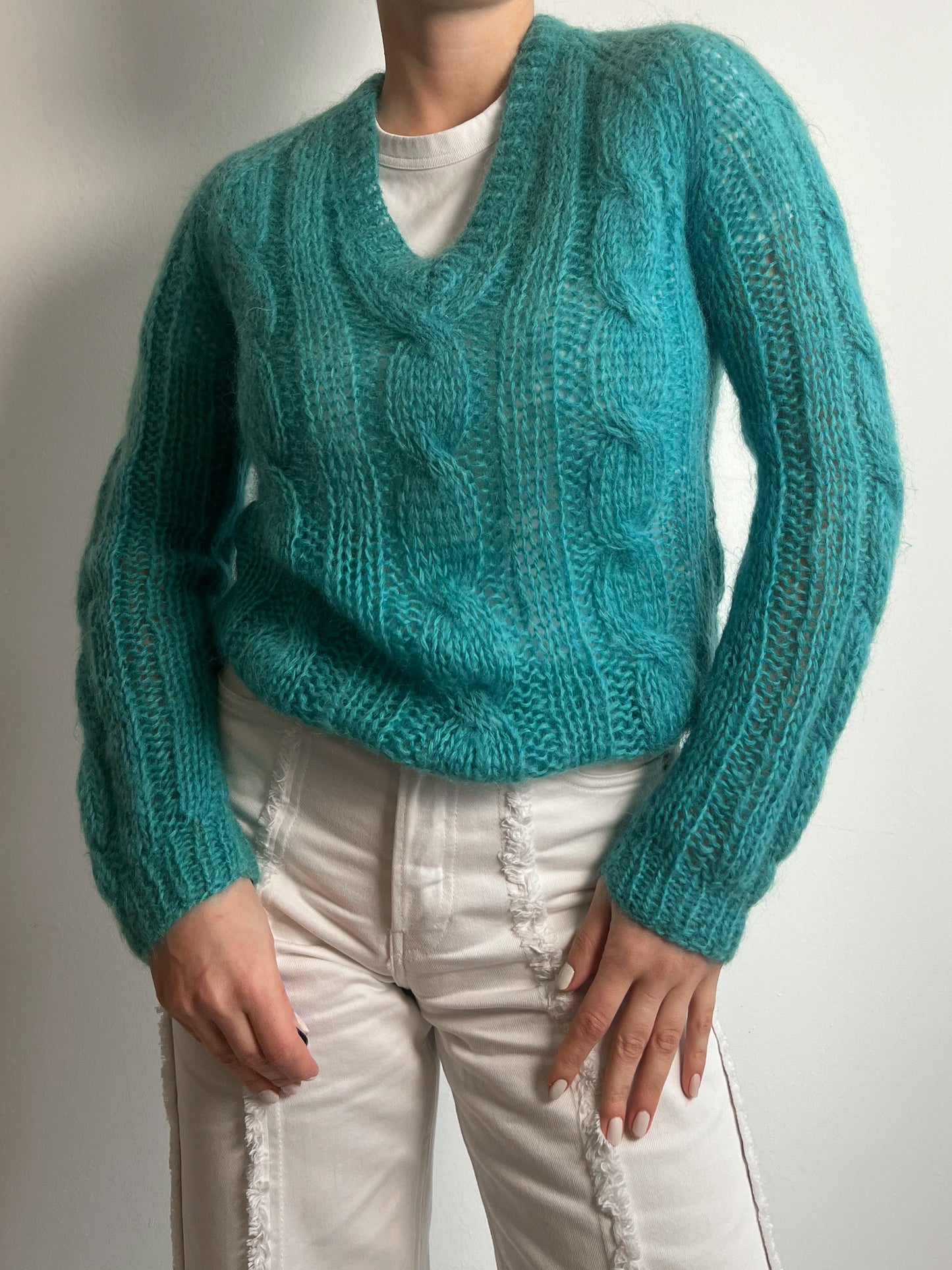 Mohair and wool embroidered turquoise pull