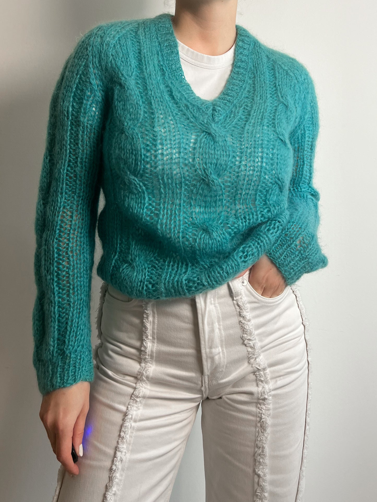 Mohair and wool embroidered turquoise pull