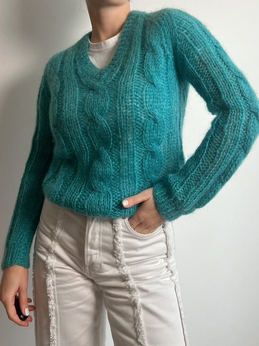 Mohair and wool embroidered turquoise pull