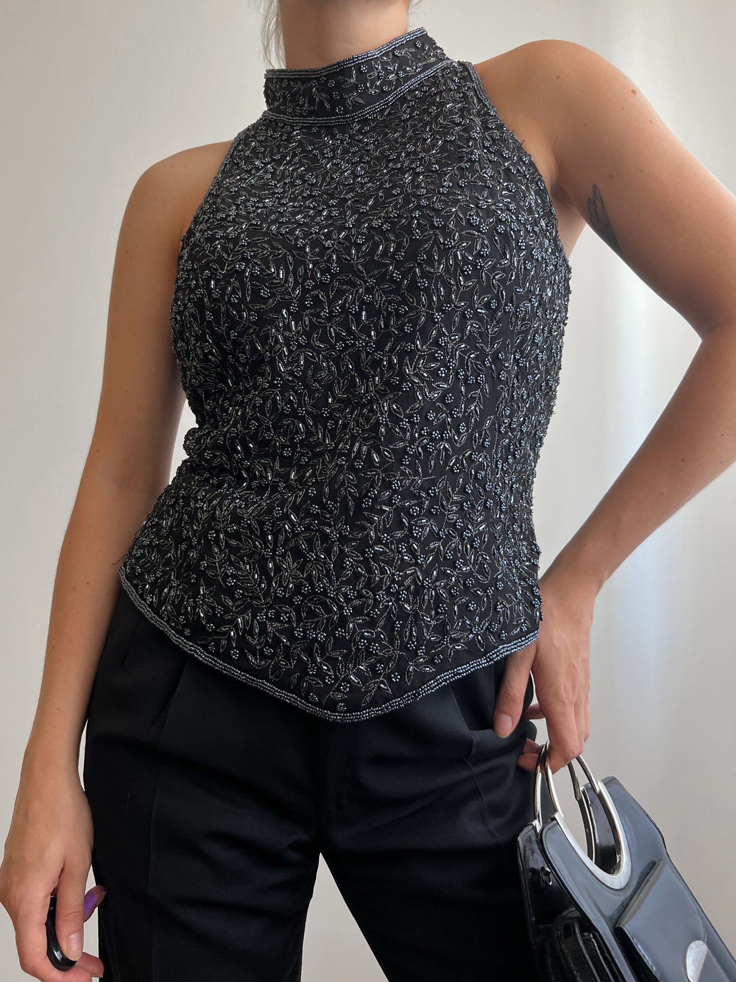 Vintage sleevless black silk top