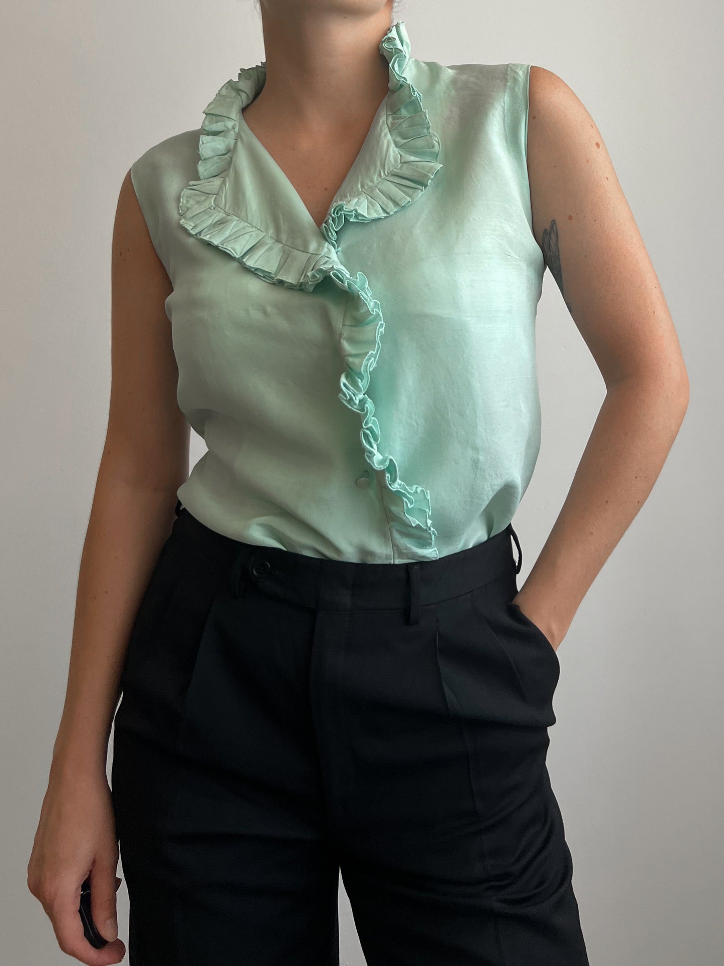 Pure silk tailoring light blue top