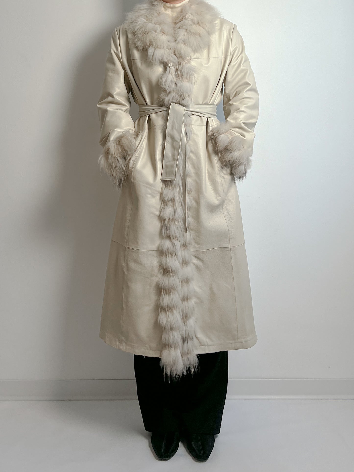 Real leather and fur ivory trench