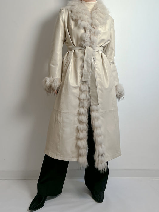 Real leather and fur ivory trench