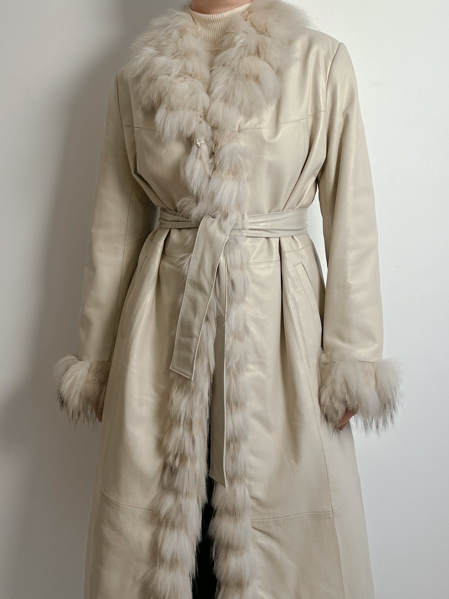 Real leather and fur ivory trench