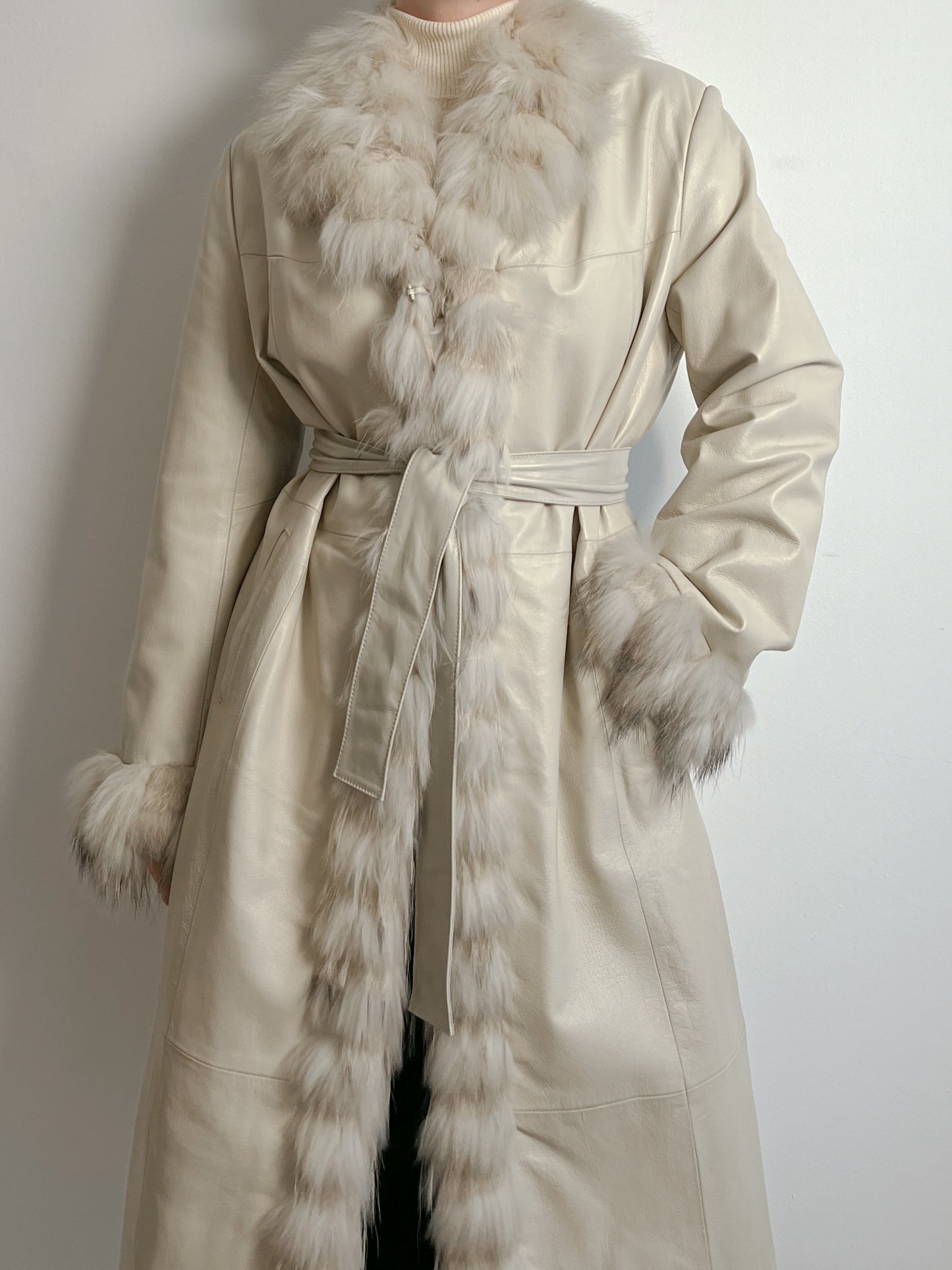 Real leather and fur ivory trench