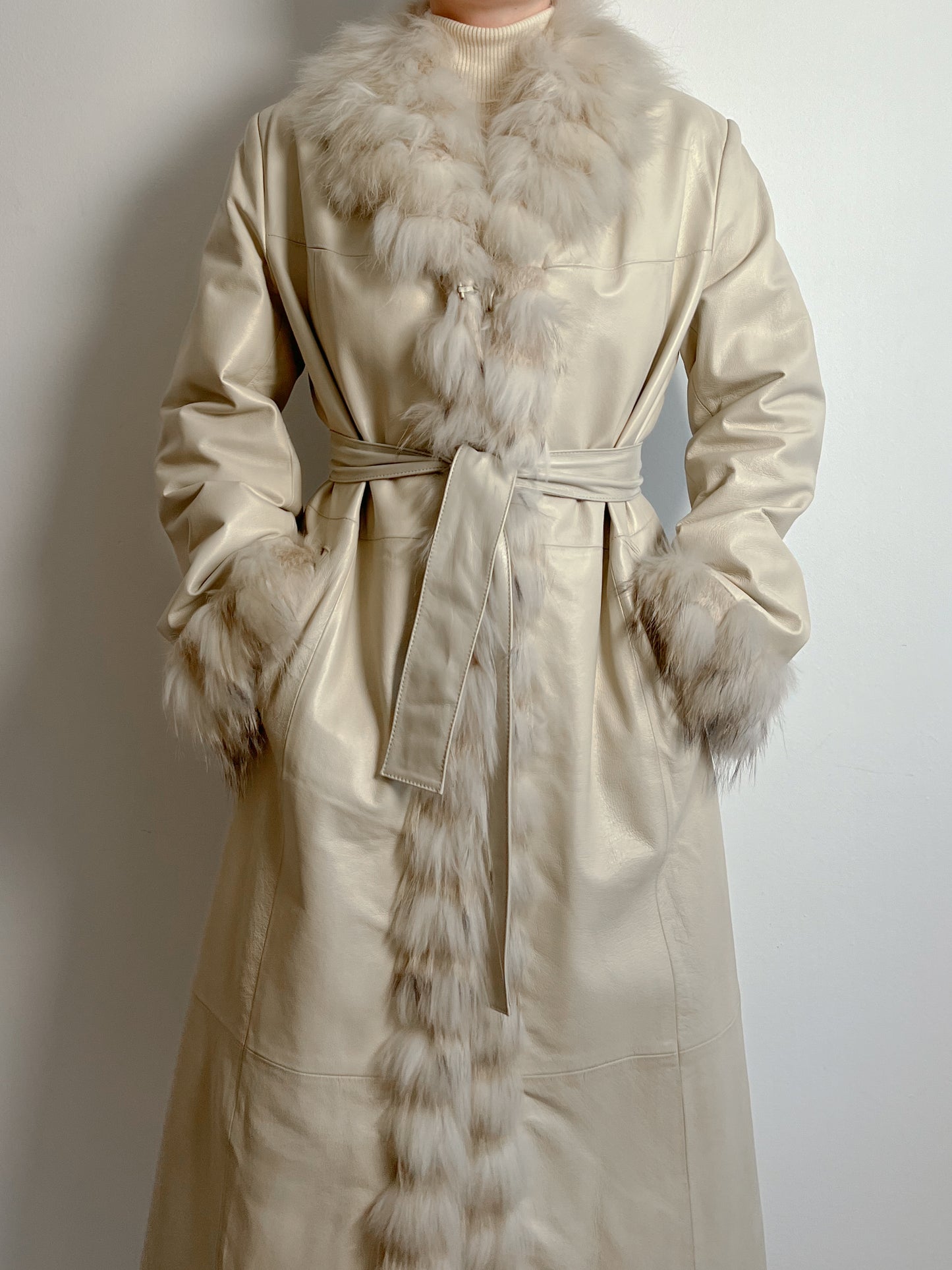 Real leather and fur ivory trench