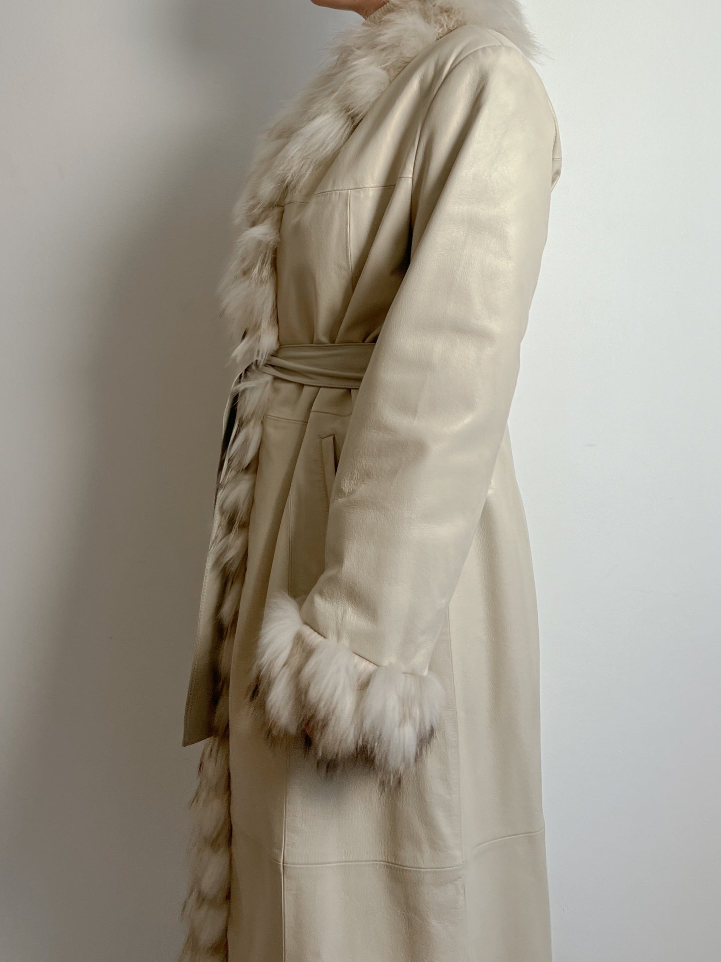 Real leather and fur ivory trench