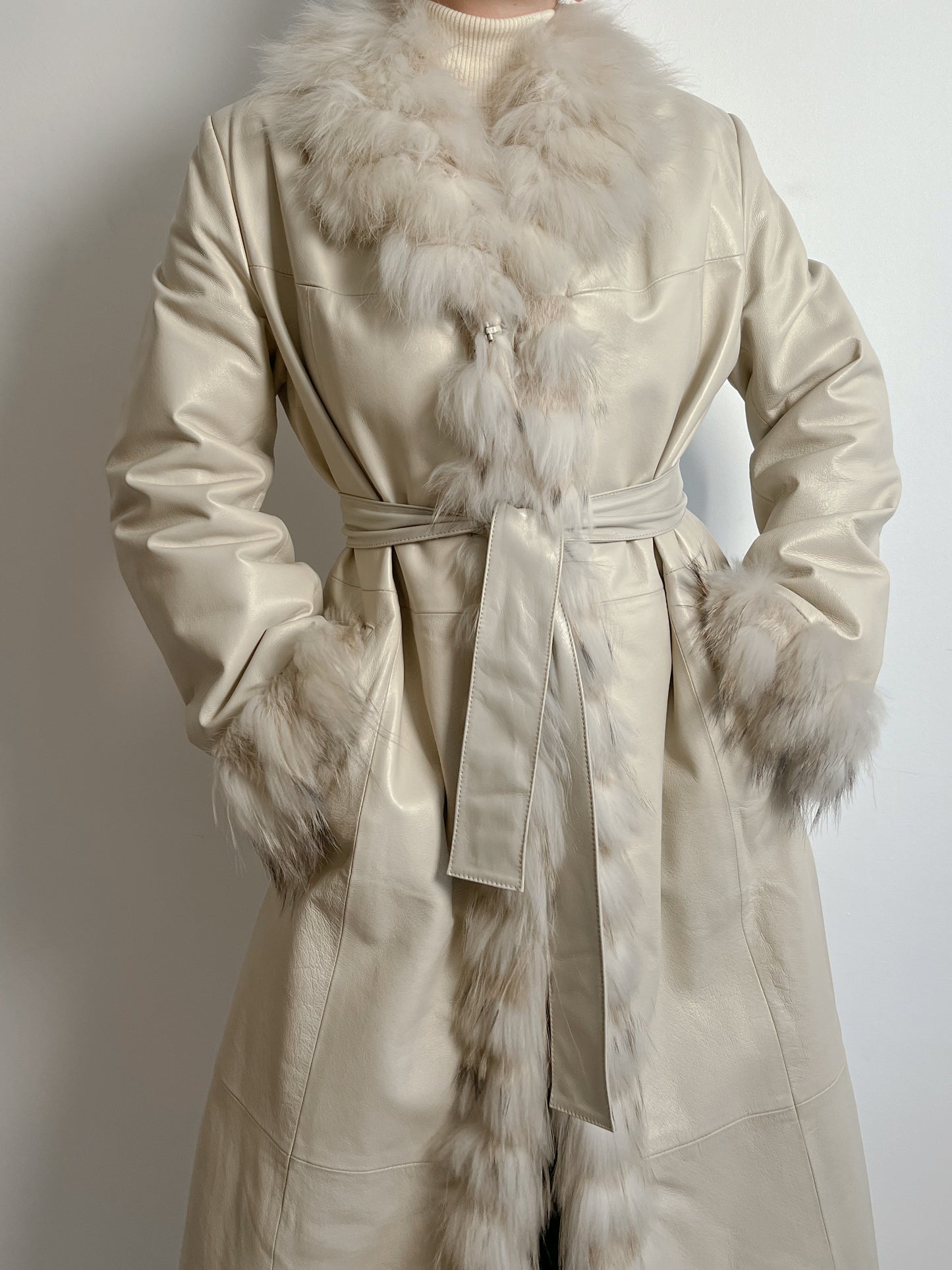 Real leather and fur ivory trench