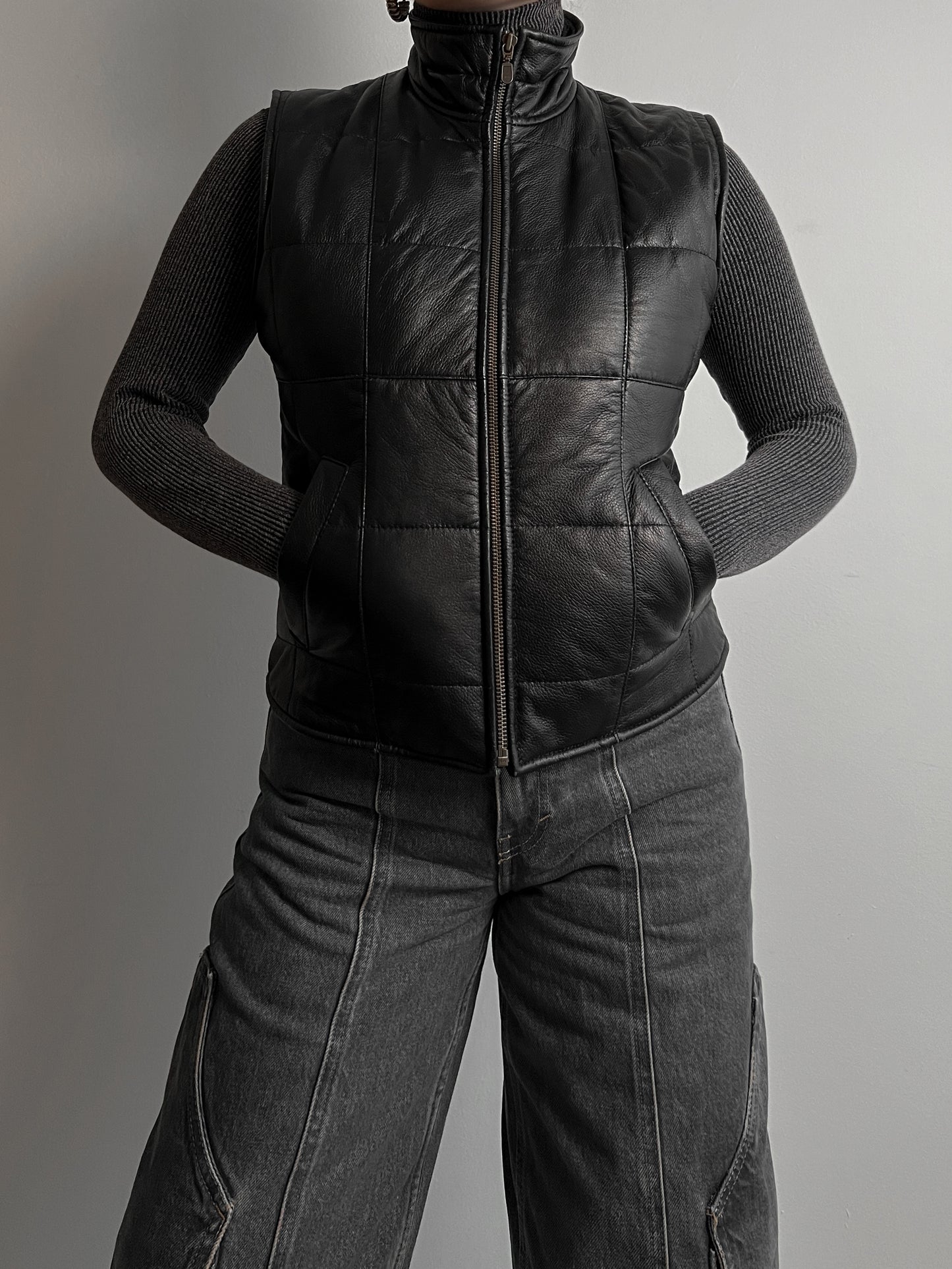 Real leather black bomber vest