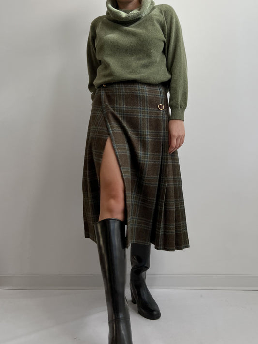 Vintage pure virgin wool pleated tartan midi skirt