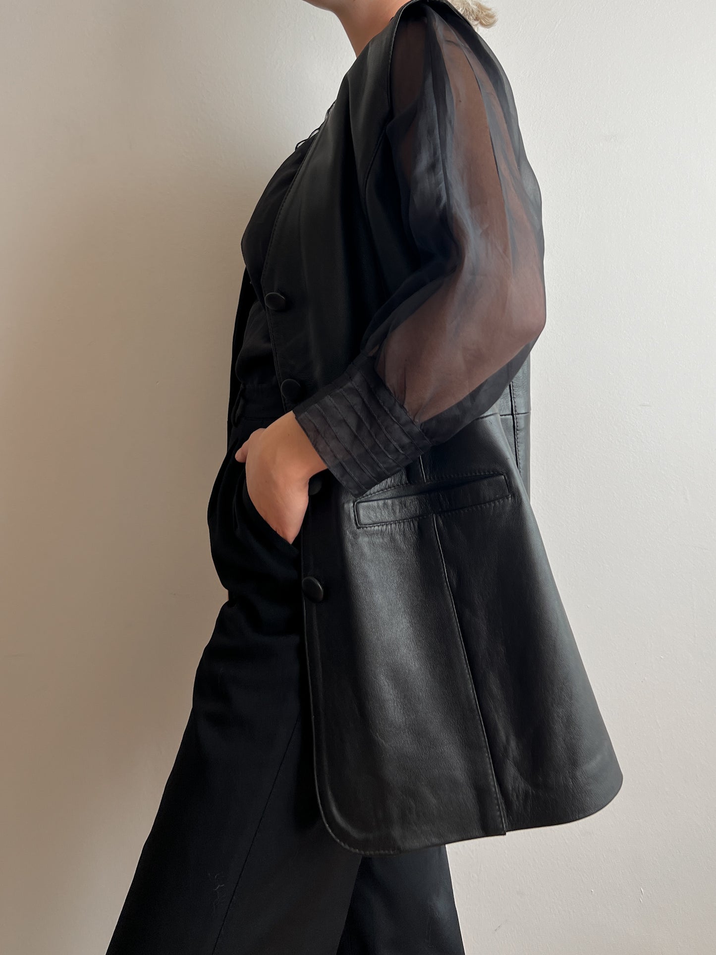 Real leather black long vest