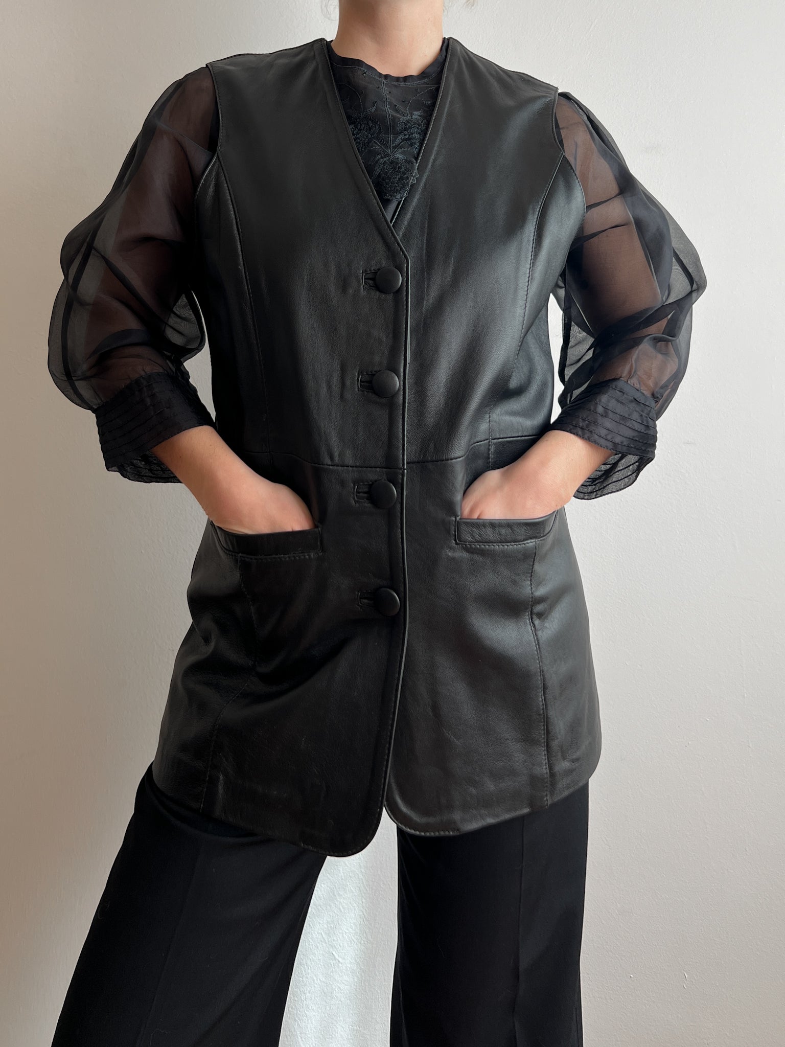 Real leather black long vest