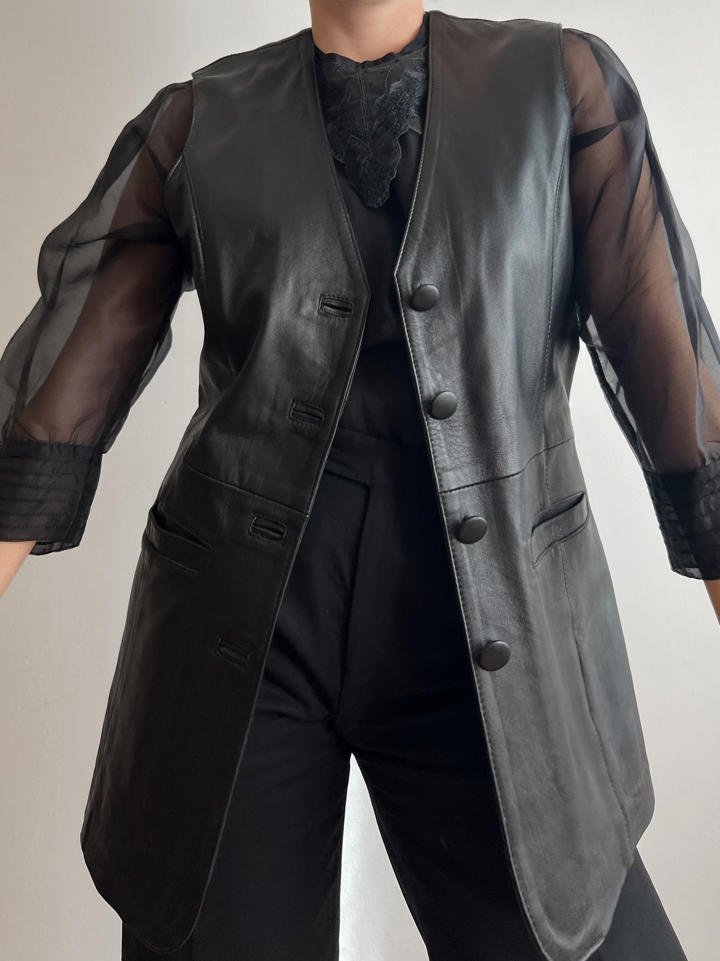 Real leather black long vest