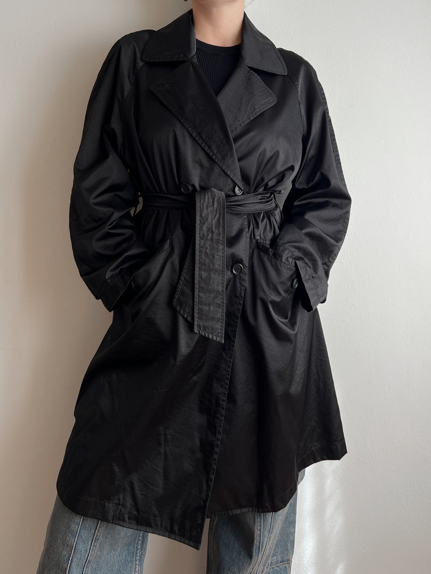 Satin-like black trench coat