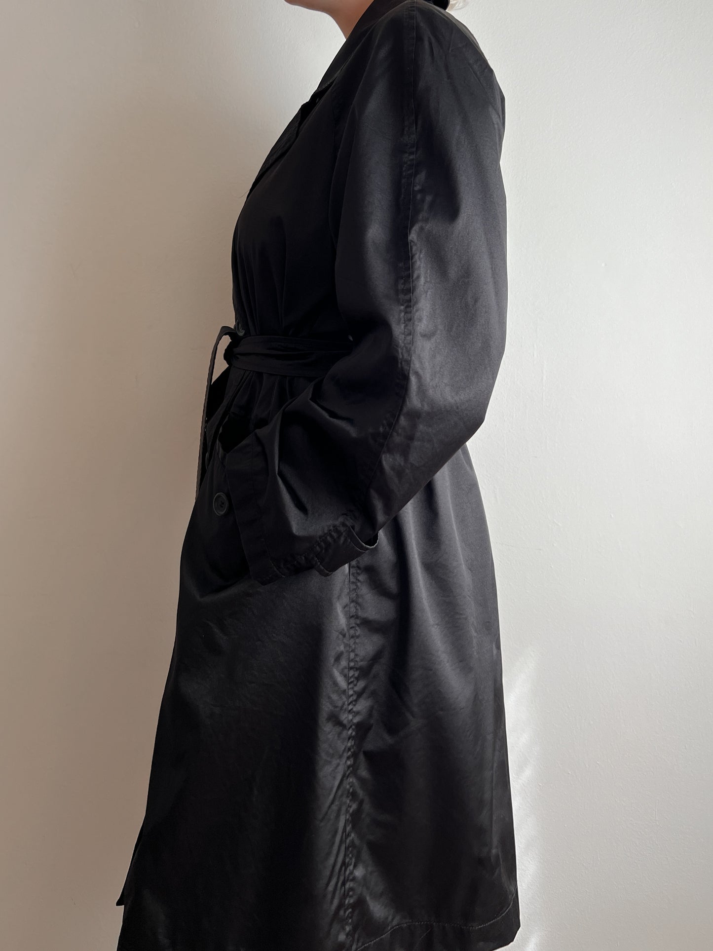 Satin-like black trench coat