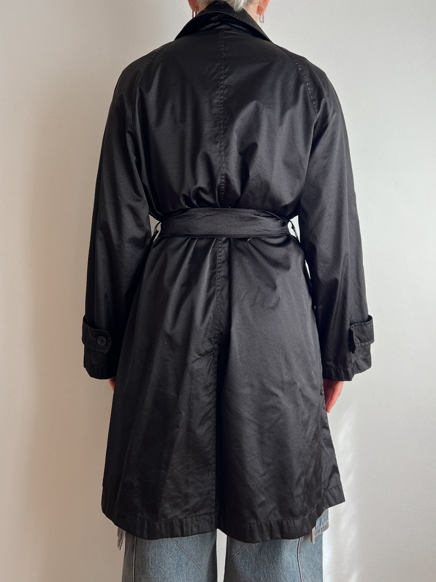 Satin-like black trench coat