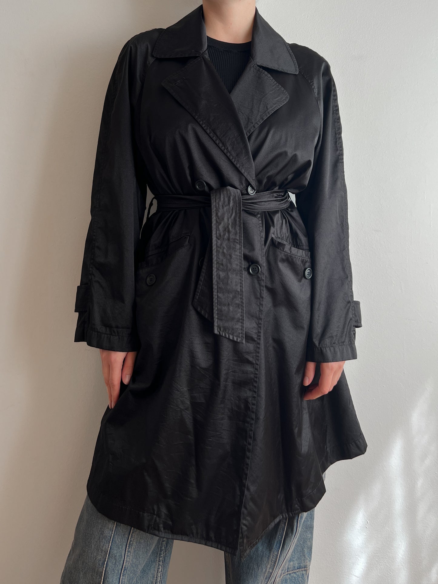 Satin-like black trench coat