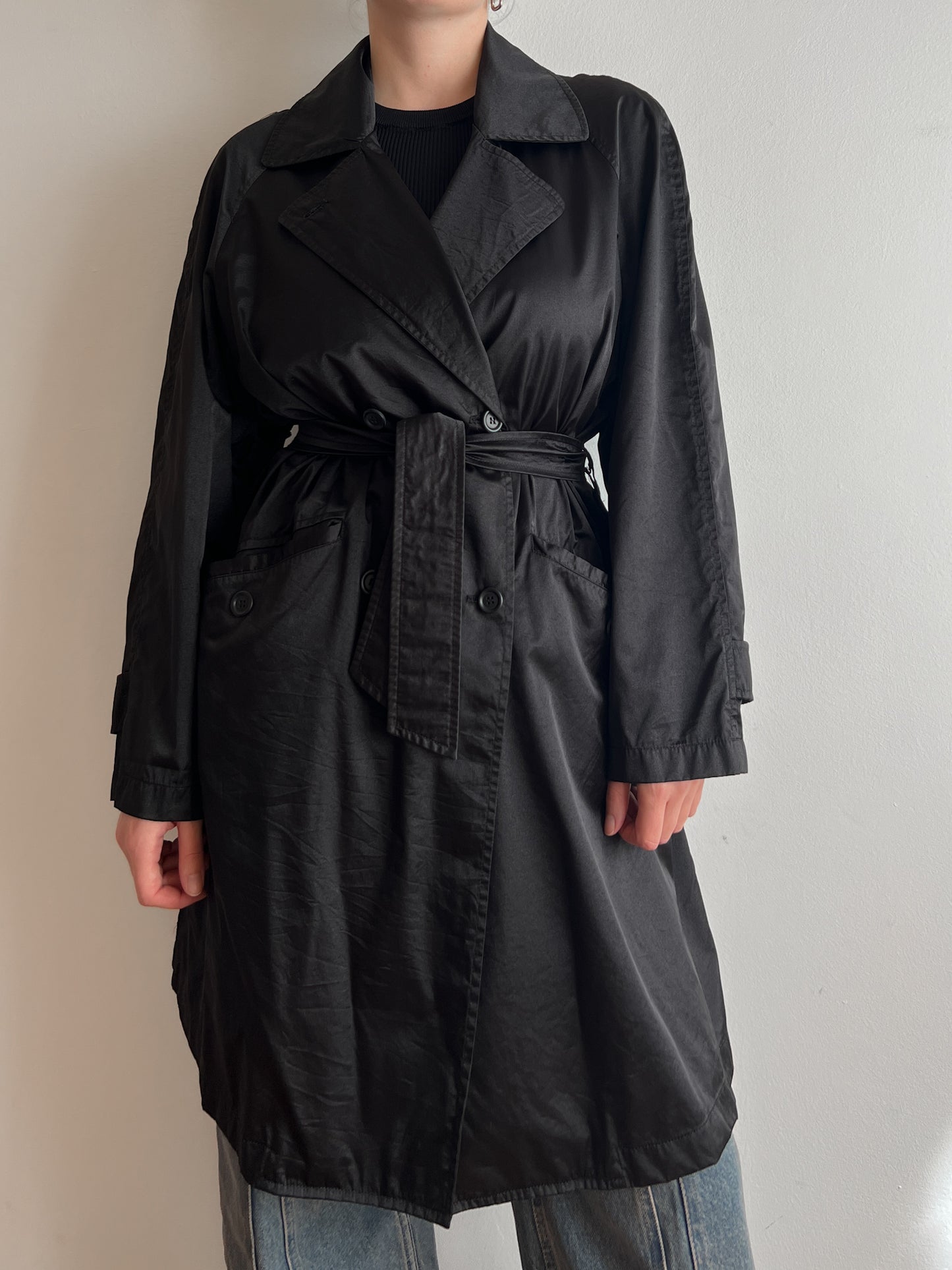 Satin-like black trench coat