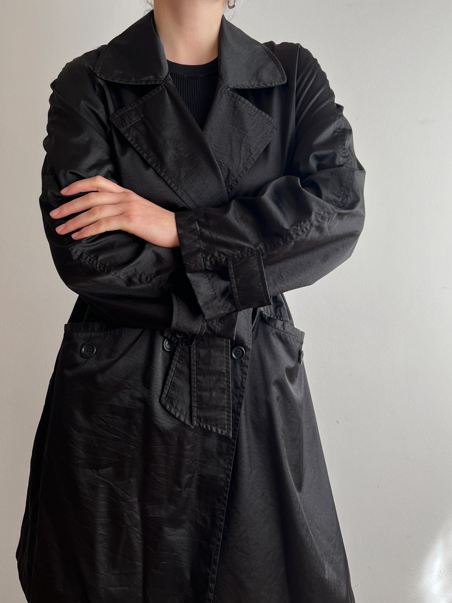 Satin-like black trench coat