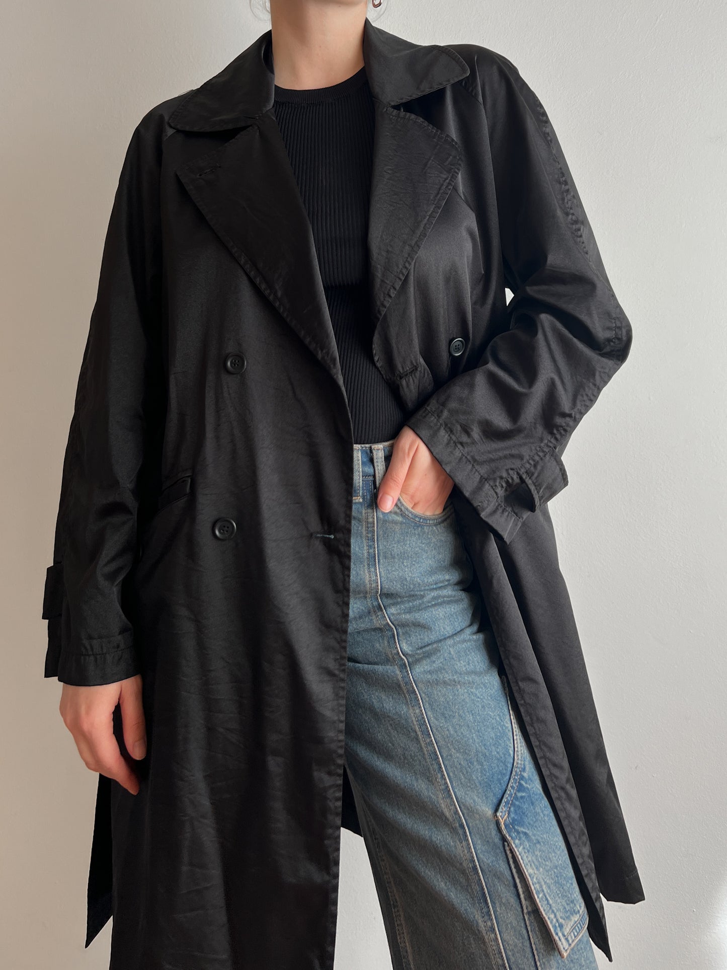 Satin-like black trench coat