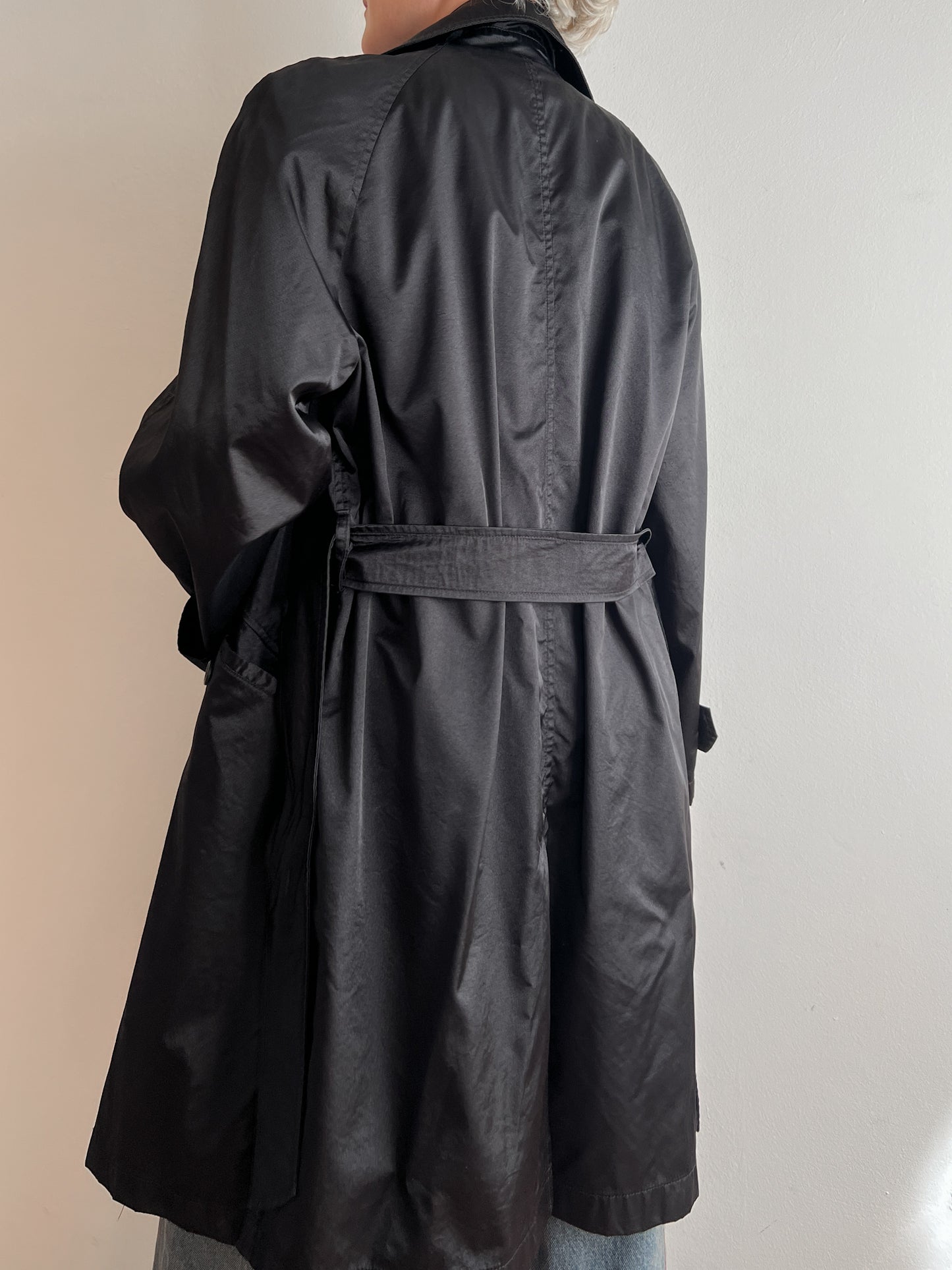 Satin-like black trench coat