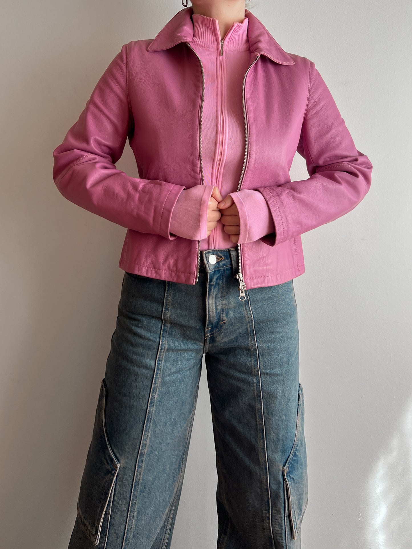 Real leather pink jacket