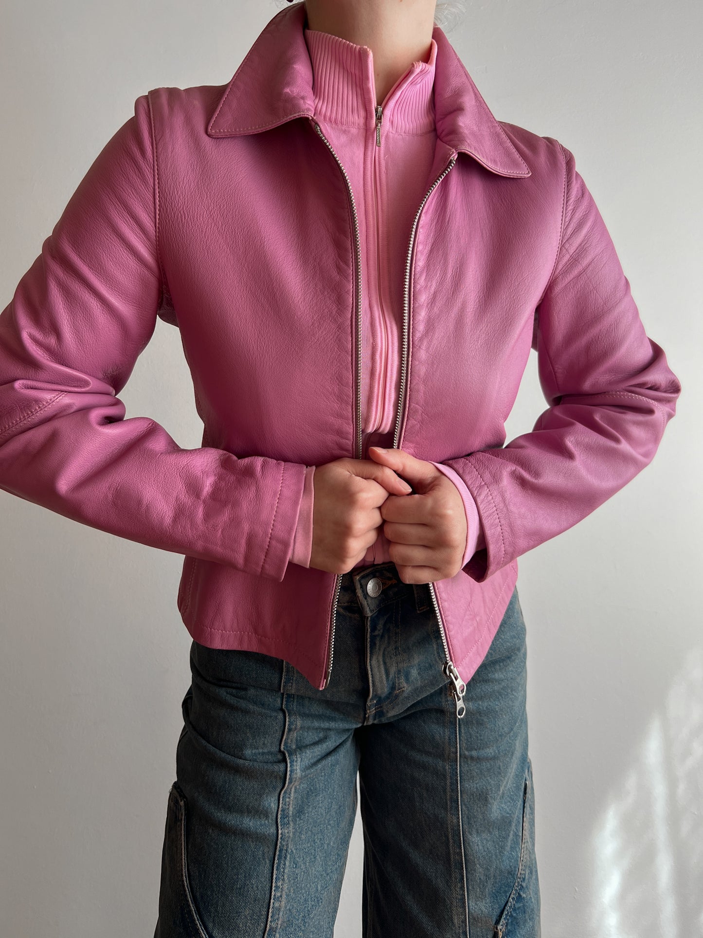 Real leather pink jacket