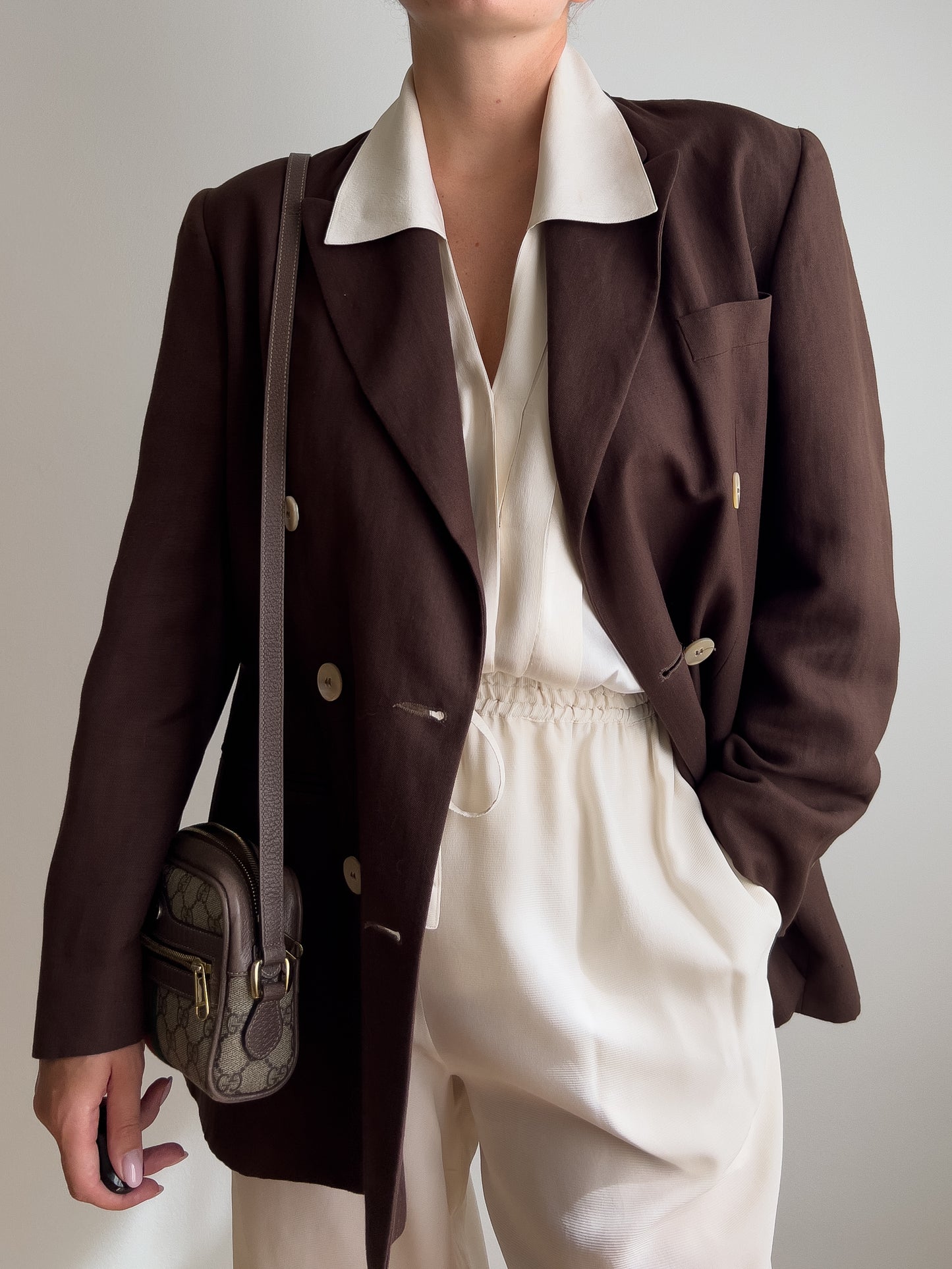 Blazer marrone in lino e viscosa