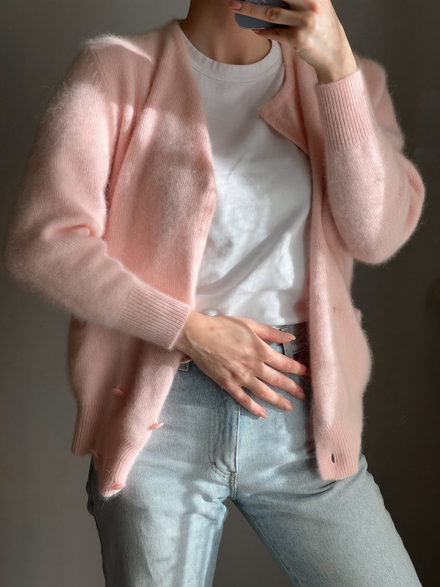 Cardigan in lambswool e angora rosa