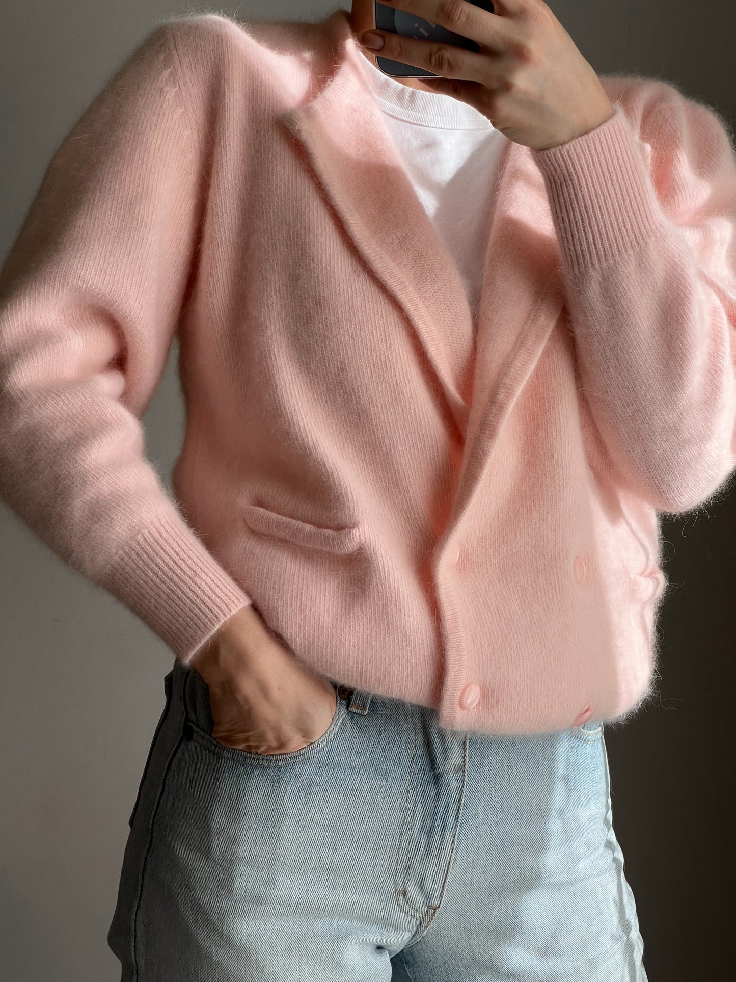 Cardigan in lambswool e angora rosa