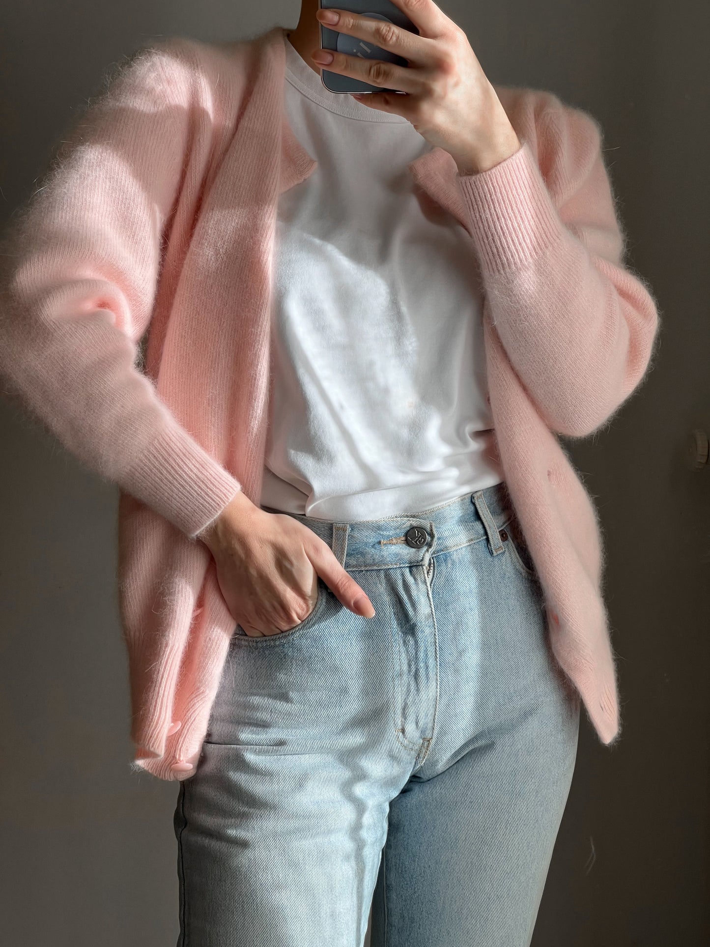 Cardigan in lambswool e angora rosa