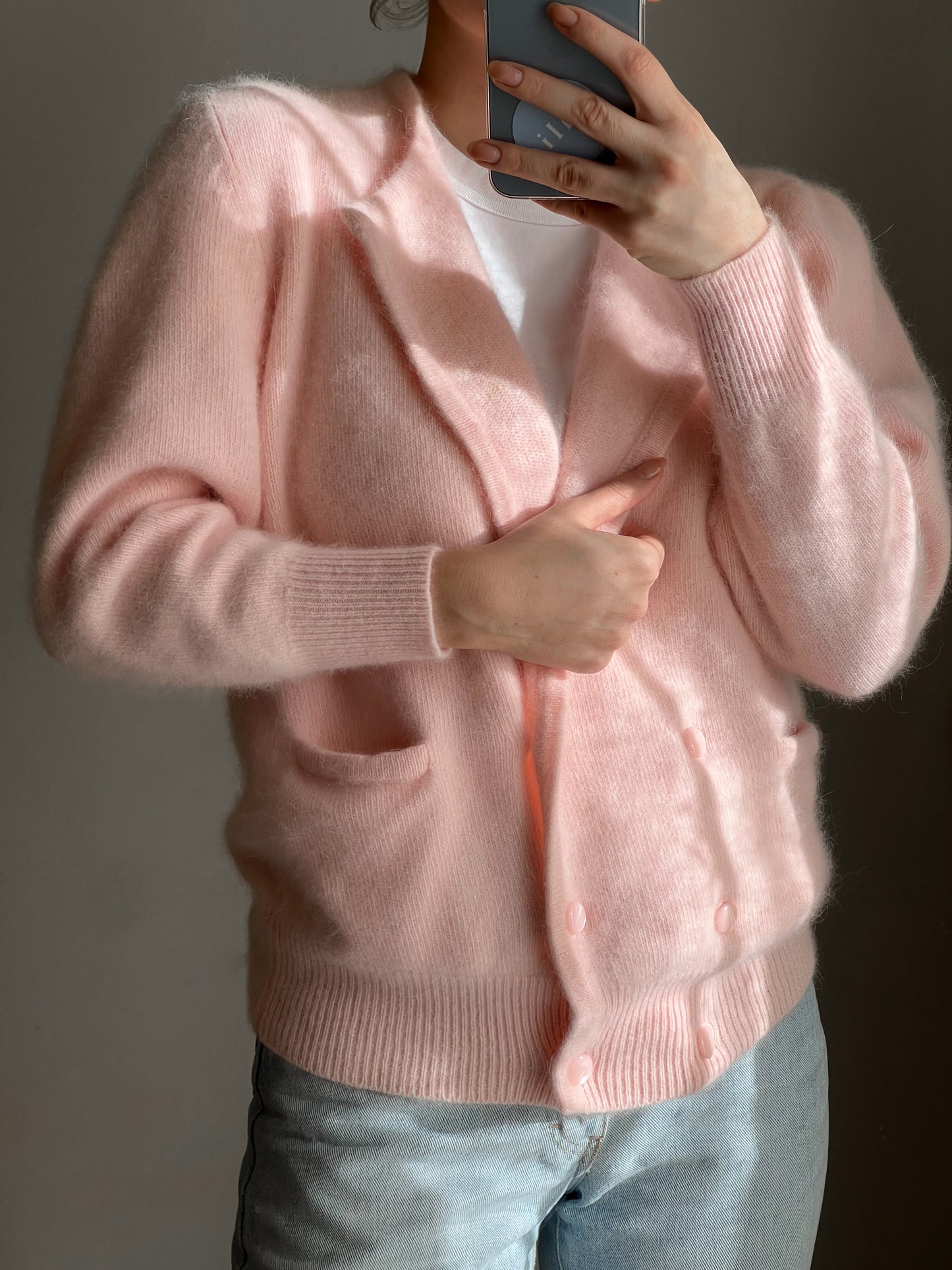 Cardigan in lambswool e angora rosa